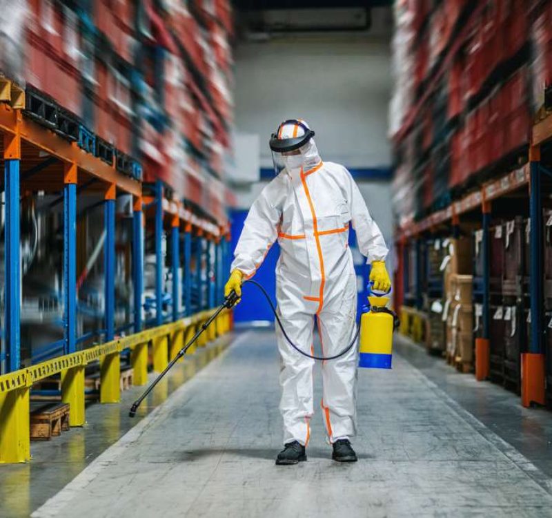 Man,Worker,With,Protective,Mask,And,Suit,Disinfecting,Industrial,Factory