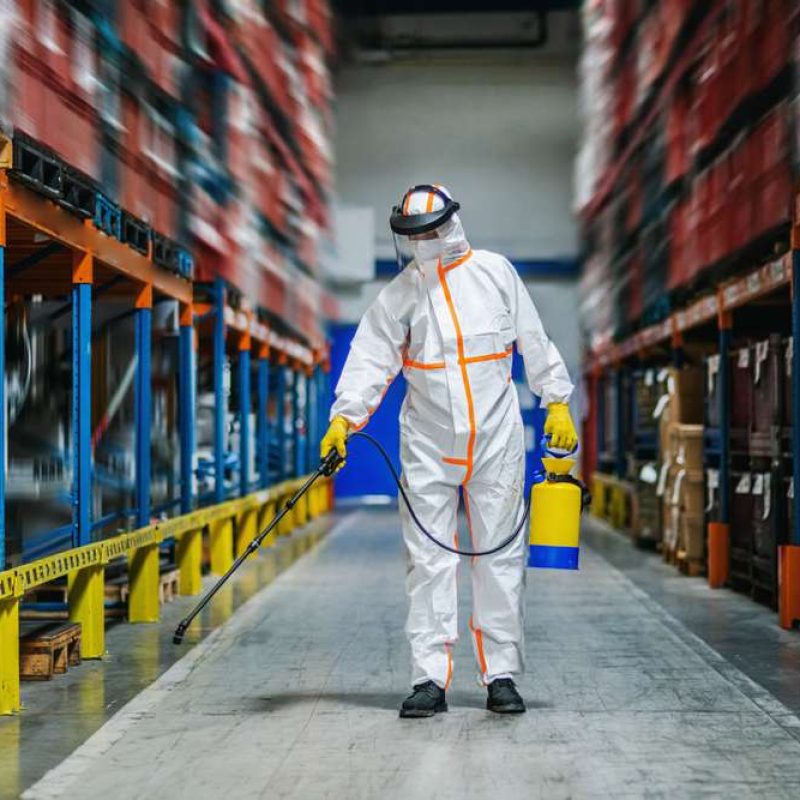Man,Worker,With,Protective,Mask,And,Suit,Disinfecting,Industrial,Factory
