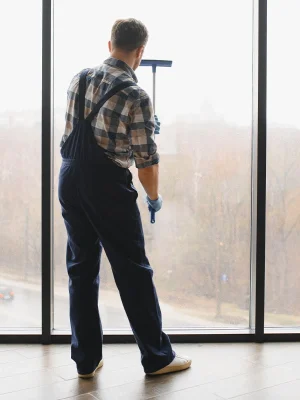 man cleaning window building